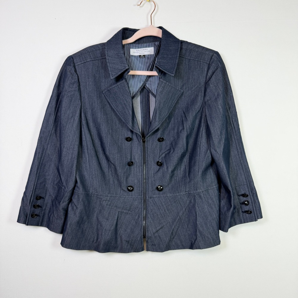 TAHARI Blue Double Breasted Zip Front Denim Look Blazer Jacket 16P